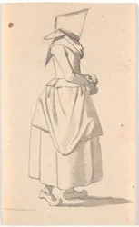 Uma mulher plebeia andando de perfil à direita, com um grande conjunto na cabeça