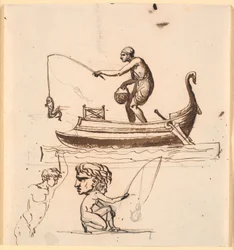 Um homem em um barco, levantando um peixe em uma linha. Abaixo um rascunho de um pescador, uma cabeça e um homem nu