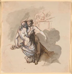 Um casal amoroso de deuses, sentado nas nuvens