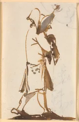 Caricatura de um homem ambulante com um chapéu triangular, em perfil t.h.