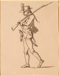 Caricatura de um soldado de perfil à esquerda. Seu braço esquerdo está enfaixado, mas ele carrega um rifle.