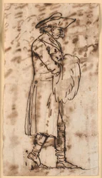 Caricatura com um homem andando com as mãos em um regalo, de perfil t.h.