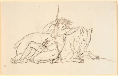 Figura feminina com flechas e aljava, sentada encostada em um animal imaginário (possivelmente um tamanduá). Alegoria da América