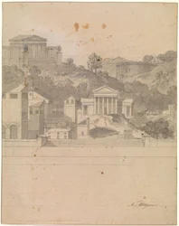 Paisagem com edifícios antigos. Rascunho de decoração