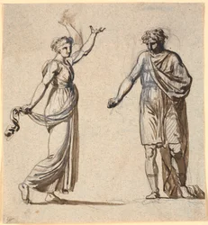 Homem e mulher em trajes antigos