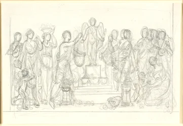 Sacrifício ao Cupido. O Cupido alado em um pedestal, cercado por inúmeras figuras