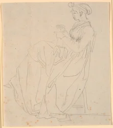 Foto de perfil da segunda esposa do artista Juliane Marie Abildgaard née Ottesen, sentada com roupas de costura, figura completa