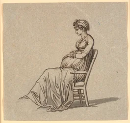 Foto de perfil da segunda esposa do artista, sentada em uma poltrona, grávida