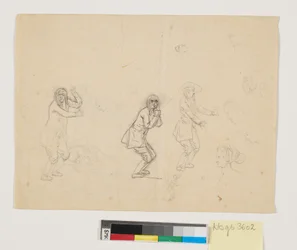 Estudos de cabeças e figuras, i.a. uma figura masculina representada três vezes