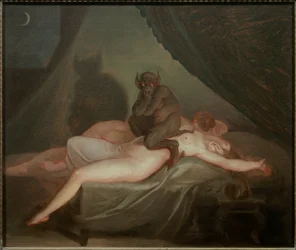 O pesadelo. Um diabo sentado no corpo de uma mulher nua que dorme a meio da noite. Escola Dinamarquesa.