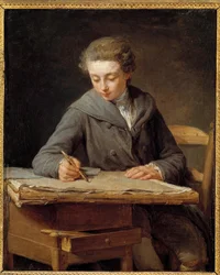 O pequeno cartunista: retrato de Carle Vernet tem 14 anos de idade. Carle Vernet, pintor francês (1758-1836) criado pelo autor desta pintura, Nicolas Bernard Lepicie (1735-1784). Óleo sobre tela