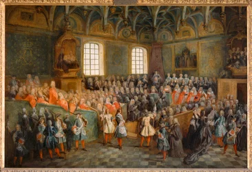 Sessão do Tribunal (Lit de Justice), realizada no Parlamento em 22 de fevereiro de 1723 ...