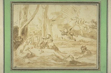 Júpiter e Antíope (caneta e tinta castanha, lavagem castanha, vestígios de pedra preta)
