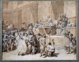 Revolução Francesa: a Convenção Nacional decreta a abolição da escravatura nas colónias em 4/02/1794 (16 de pluvioso do ano II), em Paris. Desenho a tinta. Dimensões: 0,26 x 0,33 m. Paris, Musée Carnavalet