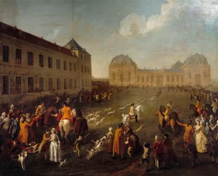 Hallali dos cervos nos Grandes estábulos de Chantilly (13 de Setembro de 1776). Pintura de Anne Nicolas Dubois (1759 -? )