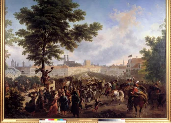 Entrada do exército francês comandado pelo imperador Napoleão Bonaparte (1769-1821) em Munique, a Pintura 24/10/1805 de Nicolas Antoine Taunay (1755-1830) do século XIX. Dim. 1,8x2,2 m.