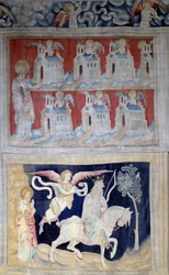 Enforcamento de Apocalipse (1373-1383), n. 28: São João a Patmos e as sete igrejas da Ásia e abaixo do Primeiro Selo: O vencedor com o cavalo branco. Tapeçaria de Nicolas Bataille (1330-1405)