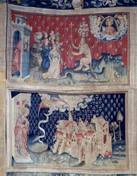 Pendurar do Apocalipse (1373-1383), n. 42: Adoração do Bete (?). N. 49: a queda da Babilônia. Tapeçaria de Nicolas Bataille (1330-1405)