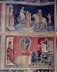 Pendurado de Apocalipse (1373-1383), n. 46: o Bete traz o seu número a todos: 666. Abaixo, n. 53, a colheita dos eleitos. Tapeçaria de Nicolas Bataille (1330-1405)