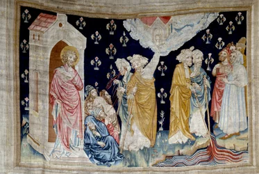 Pendurado de Apocalipse (1373 -1383), n. 28: o milagre. Fideles, servos de Deus e profetas, olham para o rio transformado em sangue. Tapeçaria de Nicolas Bataille (1330-1405)
