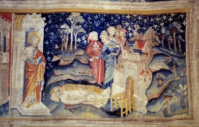 Pendurado de Apocalipse (1373 -1383), n. 30: os Mortos no chão. Tapeçaria de Nicolas Bataille (1330-1405)