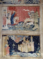 Enforcamento do Apocalipse (1373-1383), n. 69: o verbo de Deus carrega os Betes. N. 73: a Cidade Santa ou Nova Jerusalém. Tapeçaria de Nicolau Bataille (1330-1405)