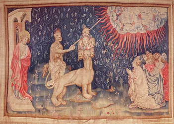 A Besta da Terra faz o fogo cair do céu, da Tapeçaria do Apocalipse de Angers, 1373-87 (tapeçaria)