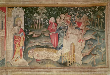 A alegria dos homens após a morte das duas testemunhas, não. 32 do Apocalipse de Angers, 1373-87