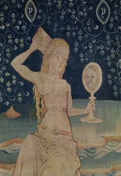 A Prostituta da Babilônia, número 64 de O Apocalipse de Angers, 1373-1387 detalhe de tapeçaria de 181983