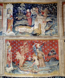 A cortina do Apocalipse: os cadáveres jazem no chão, o dragão luta contra os servos de Deus encarnados por um monge e leigos. 1373-1383. feito por Nicolas Bataille (1330-1405) Angers, museu da tapeçaria
