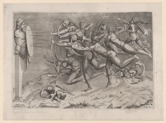 Arqueiros nus a disparar contra um alvo preso a uma herma, Cupido dorme por baixo, possivelmente ..., c. 1540-60.