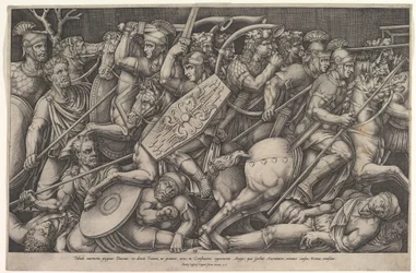 Soldados romanos lutando contra dácios, cena de batalha em profundidade rasa com cavalos e hor..., 1553.