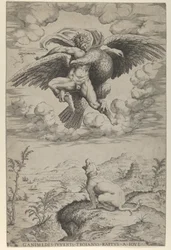 O Rapto de Ganimedes por Júpiter disfarçado de águia levando-o aos céus, oi..., 1542.