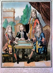 Os netos de Luís XIV (1638-1715), Luís, duque da Borgonha (m. 1712), Filipe, duque de Anjou (1683-1746), e Carlos, duque de Berry, com o pai, Luís (m. 1711), delfim de França, a jogar trictrac (Trictrac ou Trictrac: antepassado do gamão)