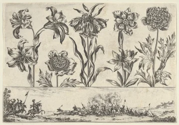 Painel horizontal com uma fileira de flores acima de um friso com uma cena de batalha em uma paisagem, ..., 1645.