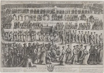A procissão da urna de Santa Genoveva, com clérigos e leigos marchando em seis filas..., 1652.