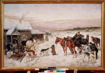 Antes de um pub no inverno - Pintura de Nikolai Yegorovich Sverchkov (Nicolas Swertschkoff) (1817-1898), óleo sobre tela