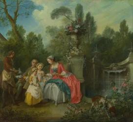 Uma senhora em um jardim tomando café com algumas crianças, ca 1742