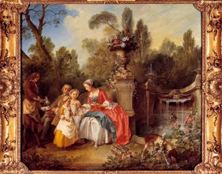 Uma mulher num jardim tomando café com crianças ou uma xícara de chocolate Pintura de Nicolas Lancret (1690-1743)