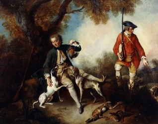 La Halte de Chasseurs ": um caçador segurando um pássaro-pássaro e descansando perto de uma árvore, seu criado e cães de caça nas proximidades,