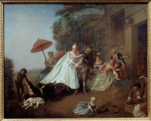 A chegada de uma senhora num carro puxado por cães. Pintura por Nicolas Lancret (1690-1743)