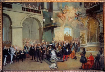 A entrega da Ordem do Espírito Santo (Ordem do Espírito Santo) na capela de Versalhes 3/06/1724 Pintura de Nicolas Lancret (1690-1743) 1724 Sol. 0,56x0,81 m