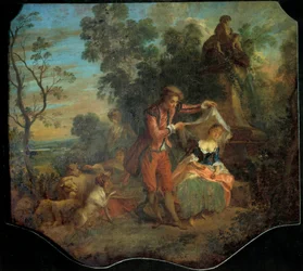 O pastor indiscreto Cena Bucólica representando um jovem pastor levantando o véu sob o qual um jovem pastor está dormindo. Pintura de Nicolas Lancret (1690-1743). Sol do século XVIII. 0,84 x 0,95 m. Passeios, Museu de Belas Artes.
