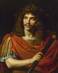 Molière no papel de Júlio César em A Morte de Pompeu por Pierre Corneille, 1656.