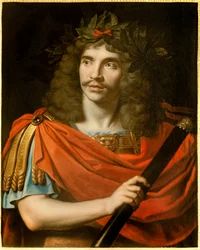 Retrato do comediante e dramaturgo francês Jean-Baptiste Poquelin dit Moliere (1622-1673) em Cesar in La mort de Pompee" de Corneille" Pintura de Nicolas Mignard (1606-1668). 1657 aproximadamente Sol. 0,75x0,6 m. Comedie francaise Paris - Retrato do F