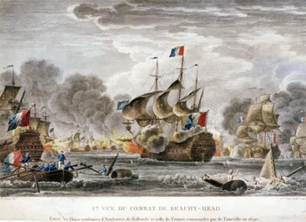 Guerra da Liga de Augsburgo: "Vista da batalha do Cabo Beveziers ou Beachy Head entre as frotas francesa e anglo-holandesa em 10/07/1690" Desenho de Nicolas Ozanne (1728-1811)