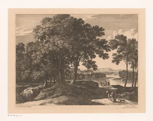 Paisagem com árvores e viajantes ao longo de um rio