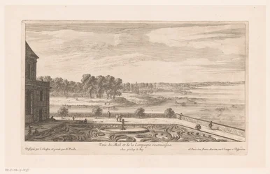 Paisagem com casa de campo com jardim Veue du Mail et de la Campagne circonvoisine (título no objeto)