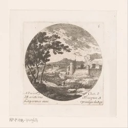 Cidade fortificada e figuras na árvore