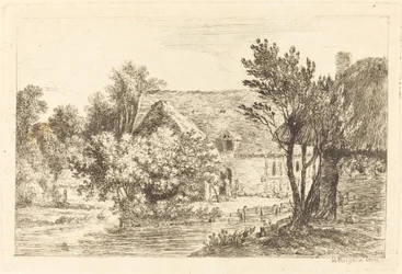Uma casa e uma casa de campo sombreada às margens de um rio
